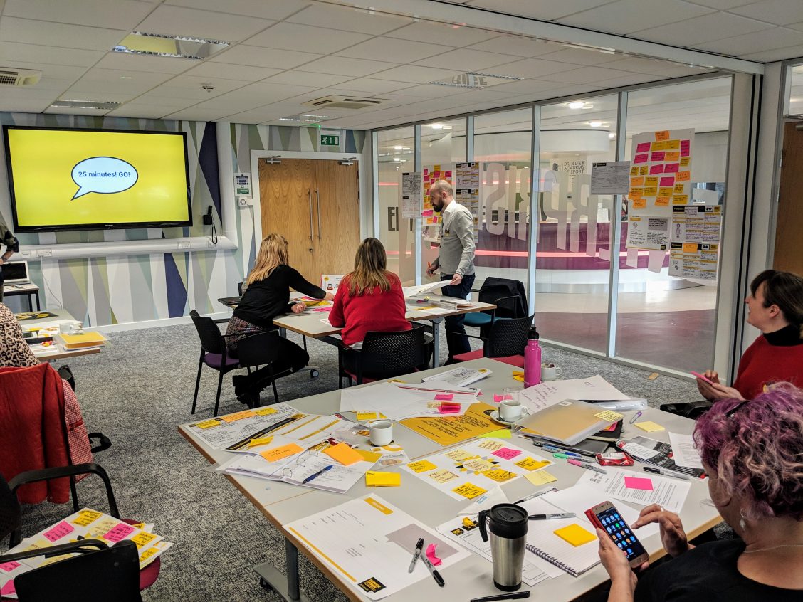 Workshop, 3 Personen und ein Dozent arbeiten mit Papier und großem Display